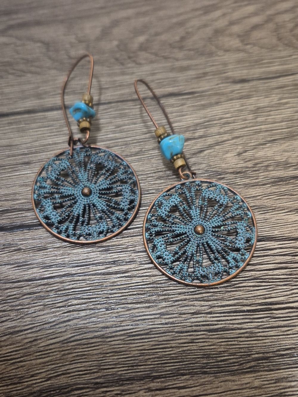 Turquoise Patina Filigree Mandala Petals Bronze Earrings